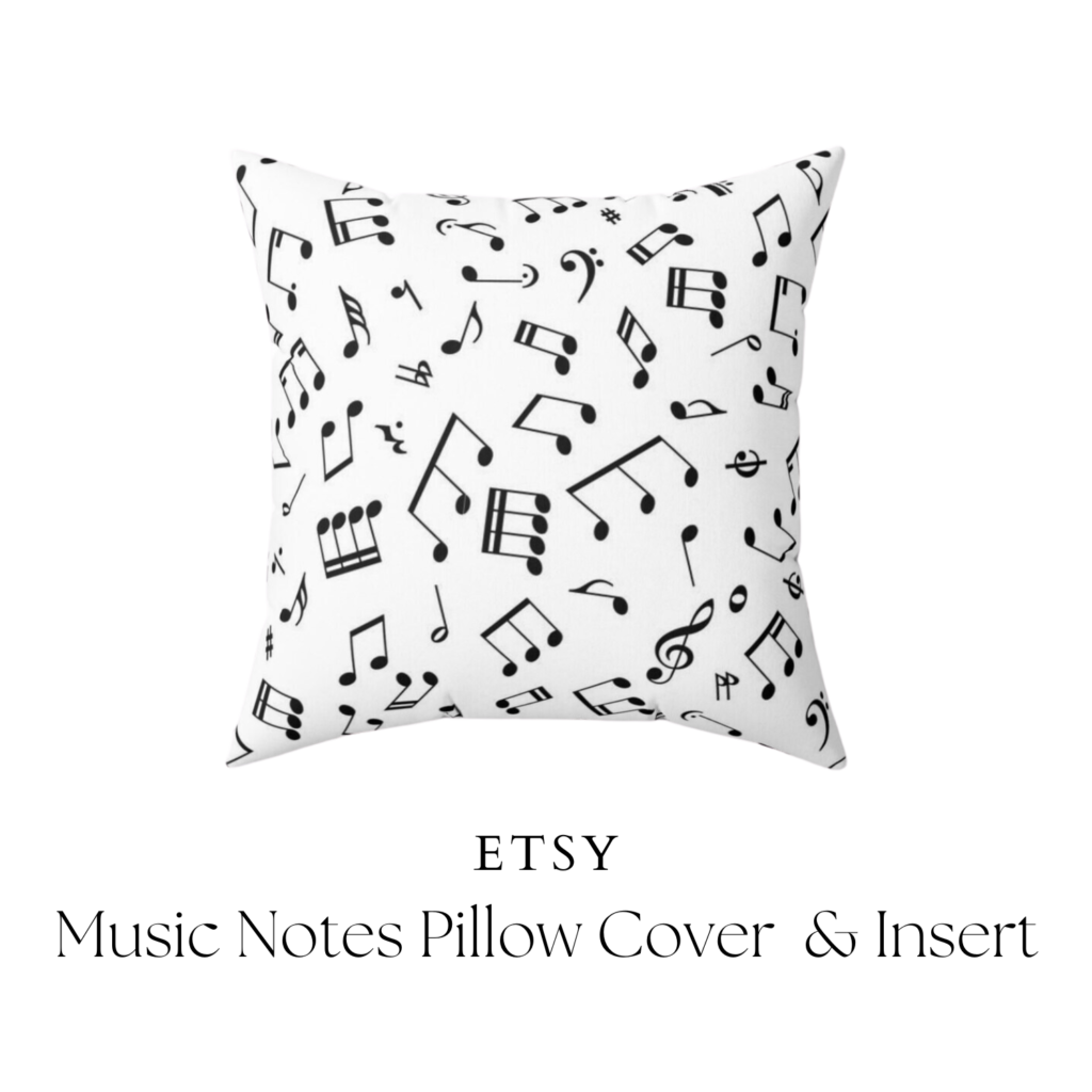 Music note pillow cover with insert washable, Etsy, music themed nursery, kids room, baby
