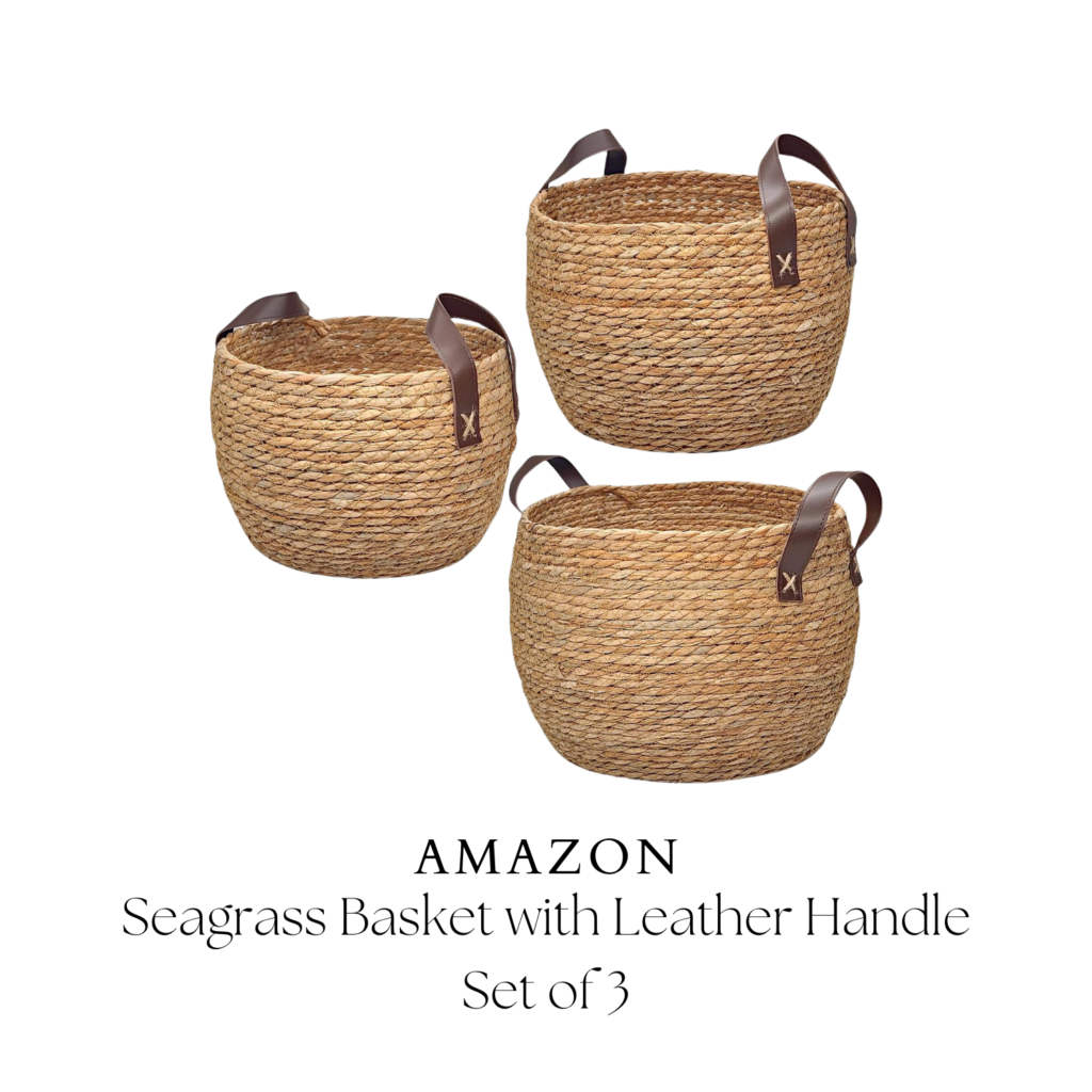 Set of three seagrass baskets with leather handles, kids organization, kids room design, organized home