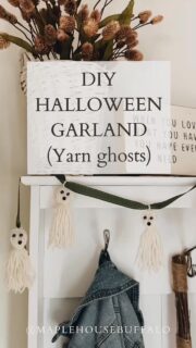 DIY GHOST GARLAND
So simple and fun for kids!

👻Here are the supplies you will need to make your own ghost garland:
•yarn
•small piece of cardboard (approx 4x6”)
•scissors
•googly eyes 
•black paper
•single hole punch
•ribbon of choice 

👻Here’s what to do:
1. Wrap yarn around the cardboard the long way 15-20 times 
2. Cut a small piece of yarn and tie a knot around the yarn at the top.
3. Slip the yarn off of the cardboard & tie another small piece of yarn about an inch from the knot at the top to make the ghost’s head.
4. Cut the looped strands free at the bottom 
5. Glue on the googly eyes & mouth (black paper hole punched)
6. Tie the short piece of yarn at the top to a string or ribbon to make your garland!

Follow along with me @maplehousebuffalo for more design tips, DIY projects, & home decor inspo! If you’re already following along, know your are appreciated!